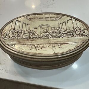 Large Lidded Trinket Dish Depicting The Last Supper Signed 10”x5.5”x3” Ceramic